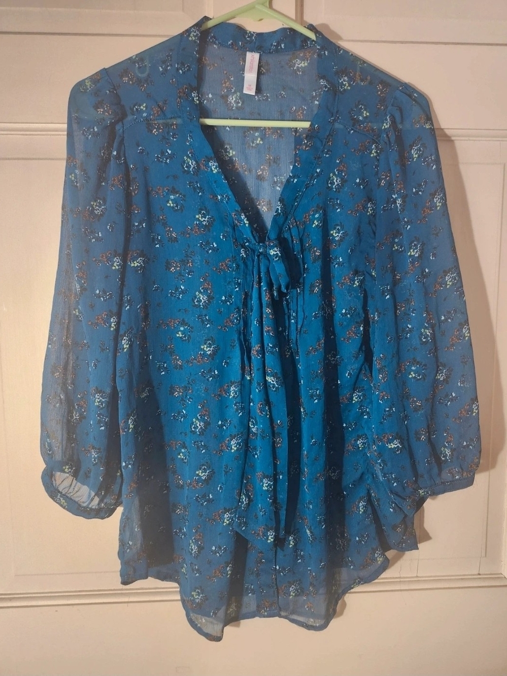 Xhilaration Teal Blue Floral Tie-Neck Sheer Blouse